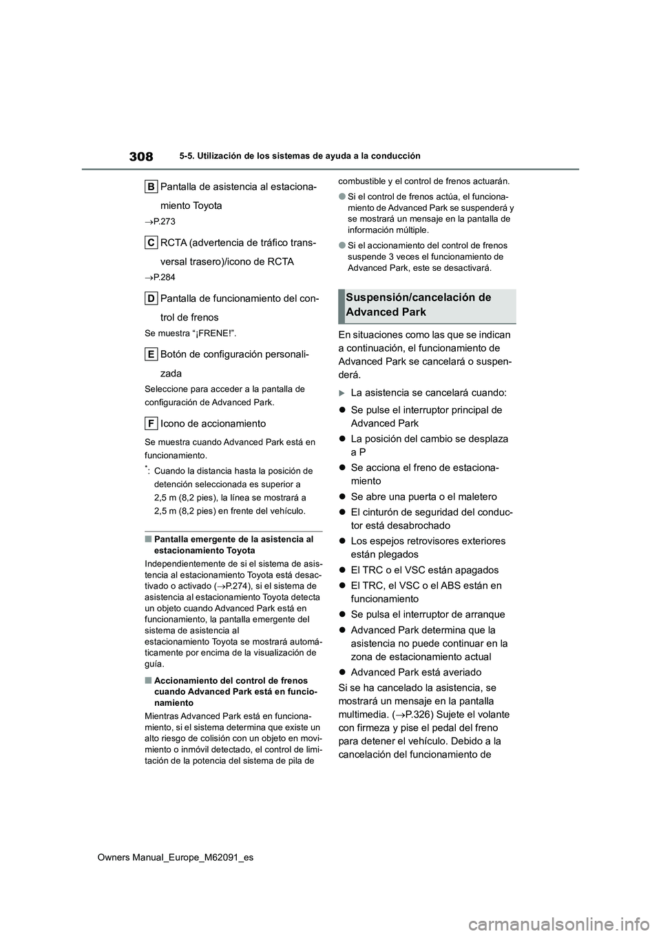TOYOTA MIRAI 2022  Manual del propietario (in Spanish) 308
Owners Manual_Europe_M62091_es
5-5. Utilización de los sistemas de ayuda a la conducción
Pantalla de asistencia al estaciona- 
miento Toyota
 P.273
RCTA (advertencia de tráfico trans- 
versa