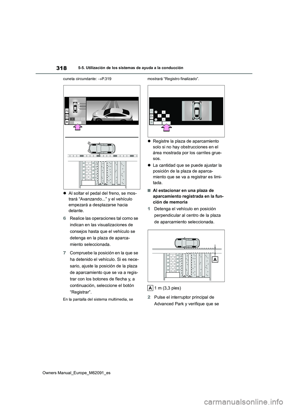 TOYOTA MIRAI 2022  Manual del propietario (in Spanish) 318
Owners Manual_Europe_M62091_es
5-5. Utilización de los sistemas de ayuda a la conducción 
cuneta circundante:  P.319
Al soltar el pedal del freno, se mos- 
trará “Avanzando...” y el v