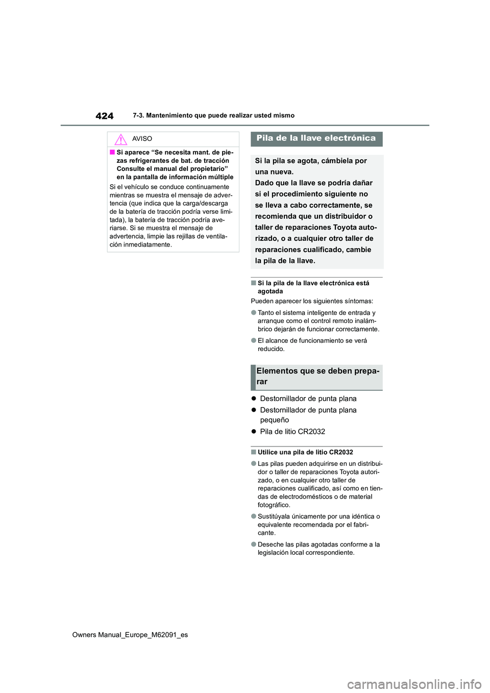 TOYOTA MIRAI 2022  Manual del propietario (in Spanish) 424
Owners Manual_Europe_M62091_es
7-3. Mantenimiento que puede realizar usted mismo
■Si la pila de la llave electrónica está  agotada 
Pueden aparecer los siguientes síntomas:
●Tanto el sistem