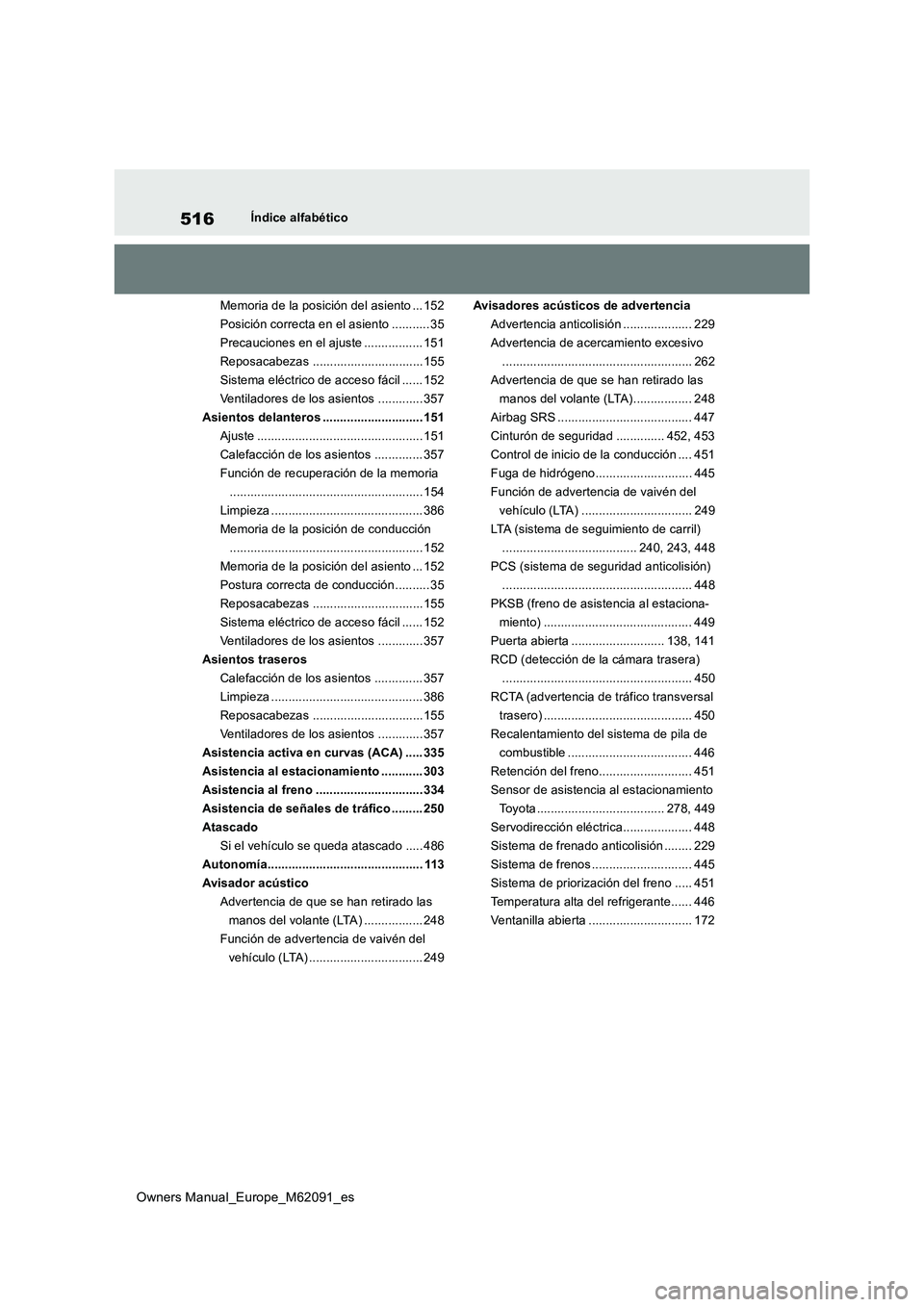TOYOTA MIRAI 2022  Manual del propietario (in Spanish) 516
Owners Manual_Europe_M62091_es
Índice alfabético 
Memoria de la posición del asiento ... 152 
Posición correcta en el asiento ........... 35
Precauciones en el ajuste ................. 151
Rep