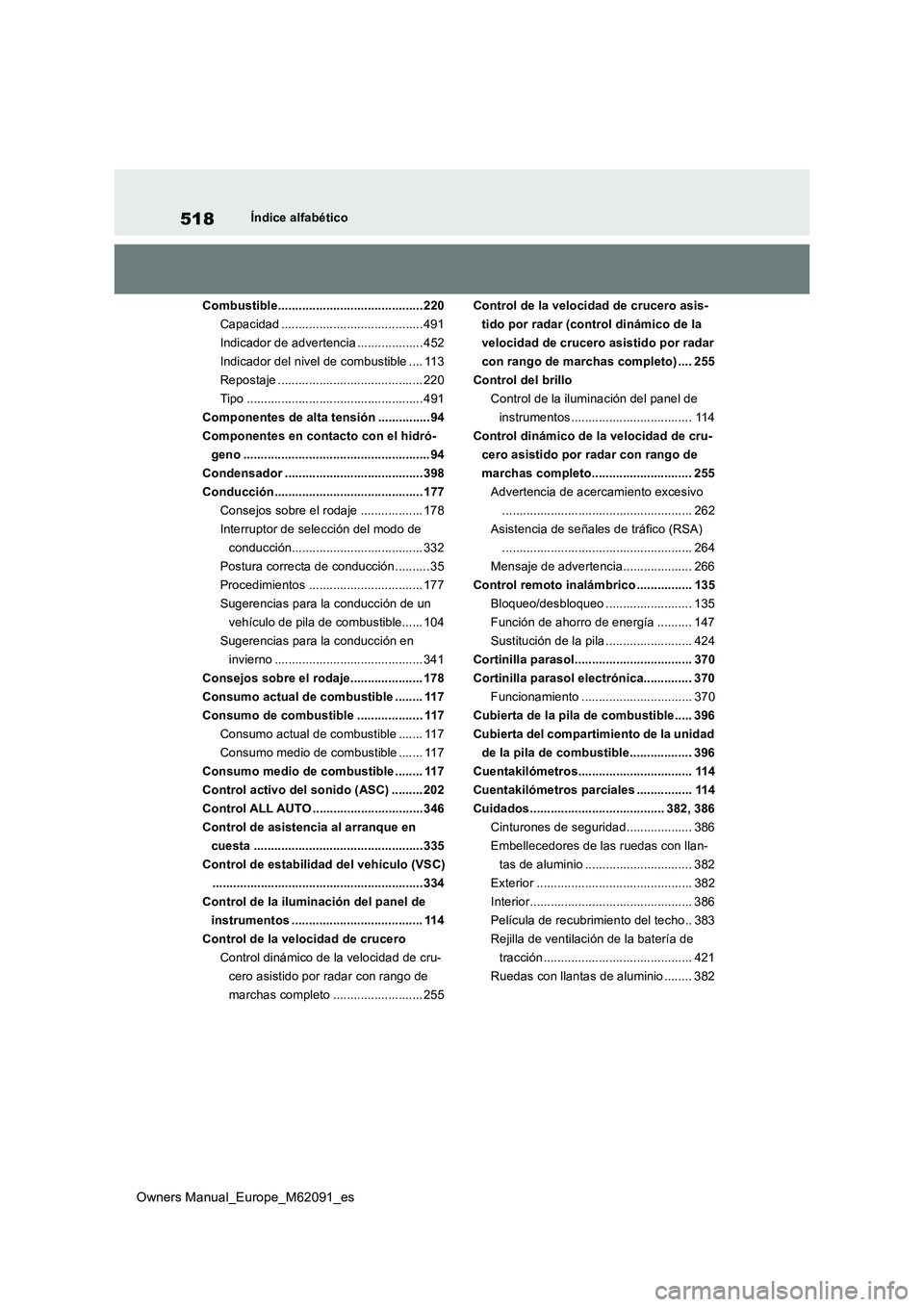 TOYOTA MIRAI 2022  Manual del propietario (in Spanish) 518
Owners Manual_Europe_M62091_es
Índice alfabético 
Combustible.......................................... 220 
Capacidad ......................................... 491
Indicador de advertencia ....