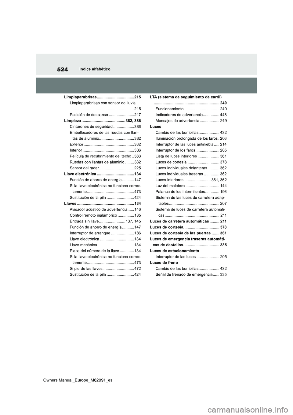 TOYOTA MIRAI 2022  Manual del propietario (in Spanish) 524
Owners Manual_Europe_M62091_es
Índice alfabético 
Limpiaparabrisas..................................215 
Limpiaparabrisas con sensor de lluvia
................................................... TOYOTA MIRAI 2022  Manual del propietario (in Spanish) 524
Owners Manual_Europe_M62091_es
Índice alfabético 
Limpiaparabrisas..................................215 
Limpiaparabrisas con sensor de lluvia
...................................................