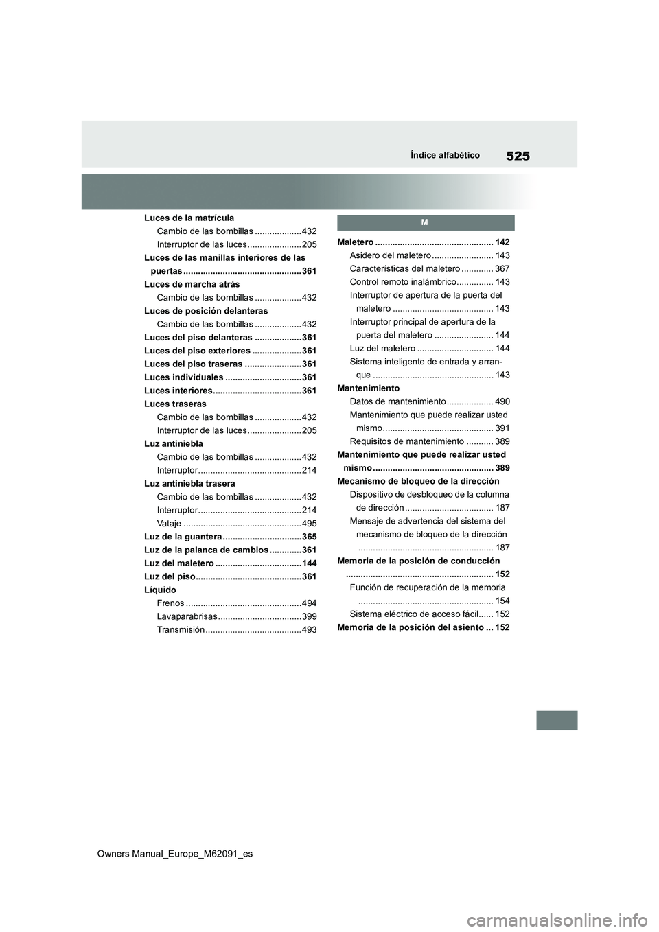 TOYOTA MIRAI 2022  Manual del propietario (in Spanish) 525
Owners Manual_Europe_M62091_es
Índice alfabético
Luces de la matrícula 
Cambio de las bombillas ................... 432
Interruptor de las luces ...................... 205
Luces de las manillas TOYOTA MIRAI 2022  Manual del propietario (in Spanish) 525
Owners Manual_Europe_M62091_es
Índice alfabético
Luces de la matrícula 
Cambio de las bombillas ................... 432
Interruptor de las luces ...................... 205
Luces de las manillas