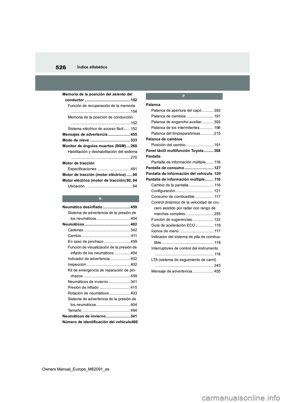 TOYOTA MIRAI 2022  Manual del propietario (in Spanish) 526
Owners Manual_Europe_M62091_es
Índice alfabético 
Memoria de la posición del asiento del  
conductor ........................................... 152
Función de recuperación de la memoria
....
