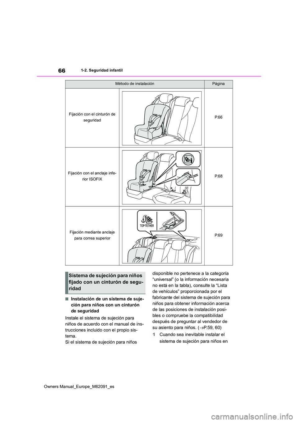 TOYOTA MIRAI 2022  Manual del propietario (in Spanish) 66
Owners Manual_Europe_M62091_es
1-2. Seguridad infantil
■Instalación de un sistema de suje- 
ción para niños con un cinturón 
de seguridad 
Instale el sistema de sujeción para  
niños de acu