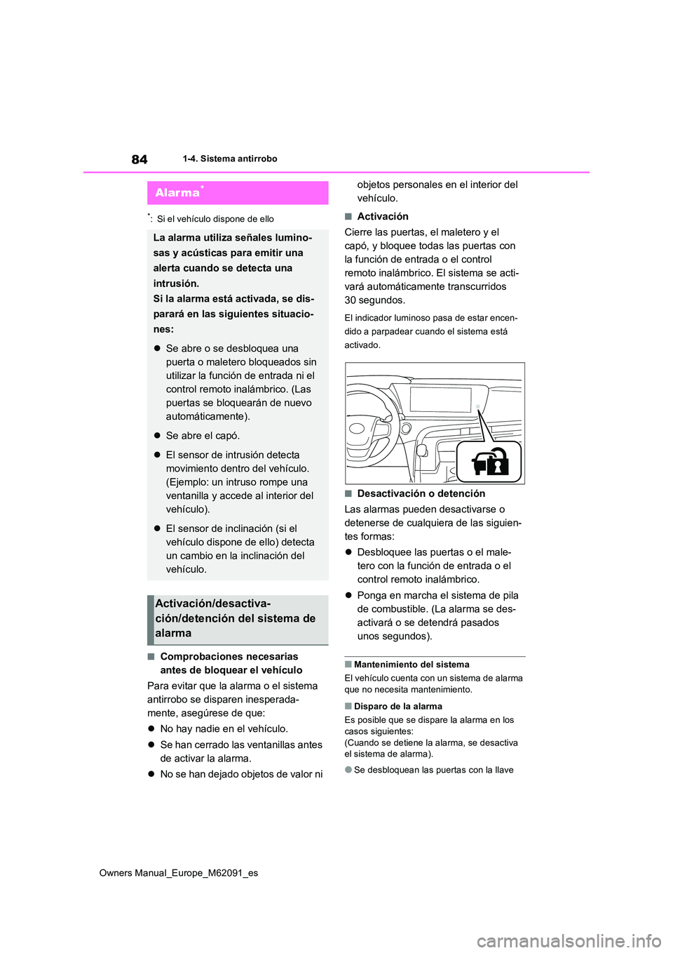 TOYOTA MIRAI 2022  Manual del propietario (in Spanish) 84
Owners Manual_Europe_M62091_es
1-4. Sistema antirrobo
*: Si el vehículo dispone de ello
■Comprobaciones necesarias  
antes de bloquear el vehículo 
Para evitar que la alarma o el sistema  
anti