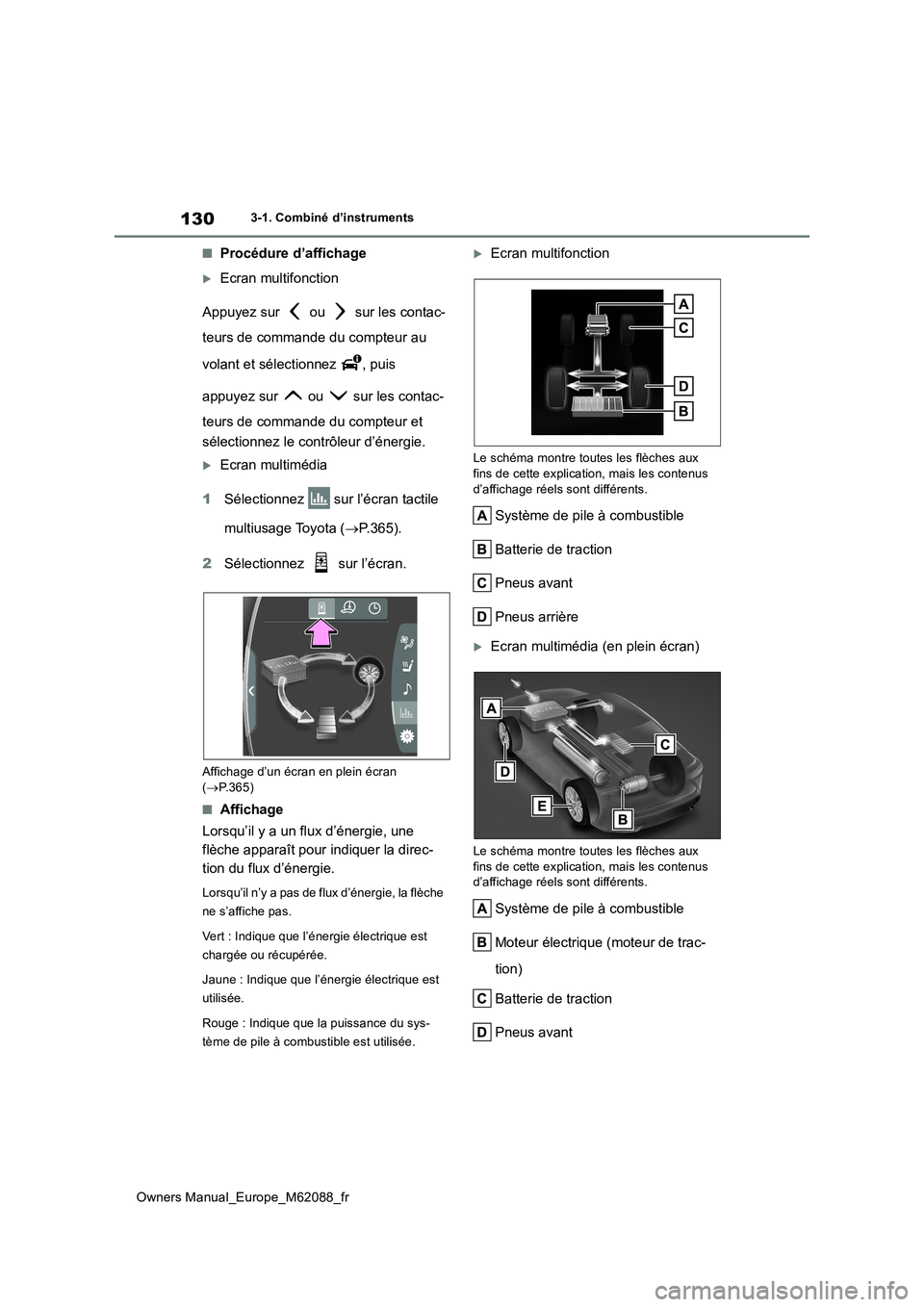 TOYOTA MIRAI 2022  Manuel du propriétaire (in French) 130
Owners Manual_Europe_M62088_fr
3-1. Combiné d’instruments
■Procédure d’affichage
Ecran multifonction 
Appuyez sur   ou   sur les contac- 
teurs de commande du compteur au  
volant et s