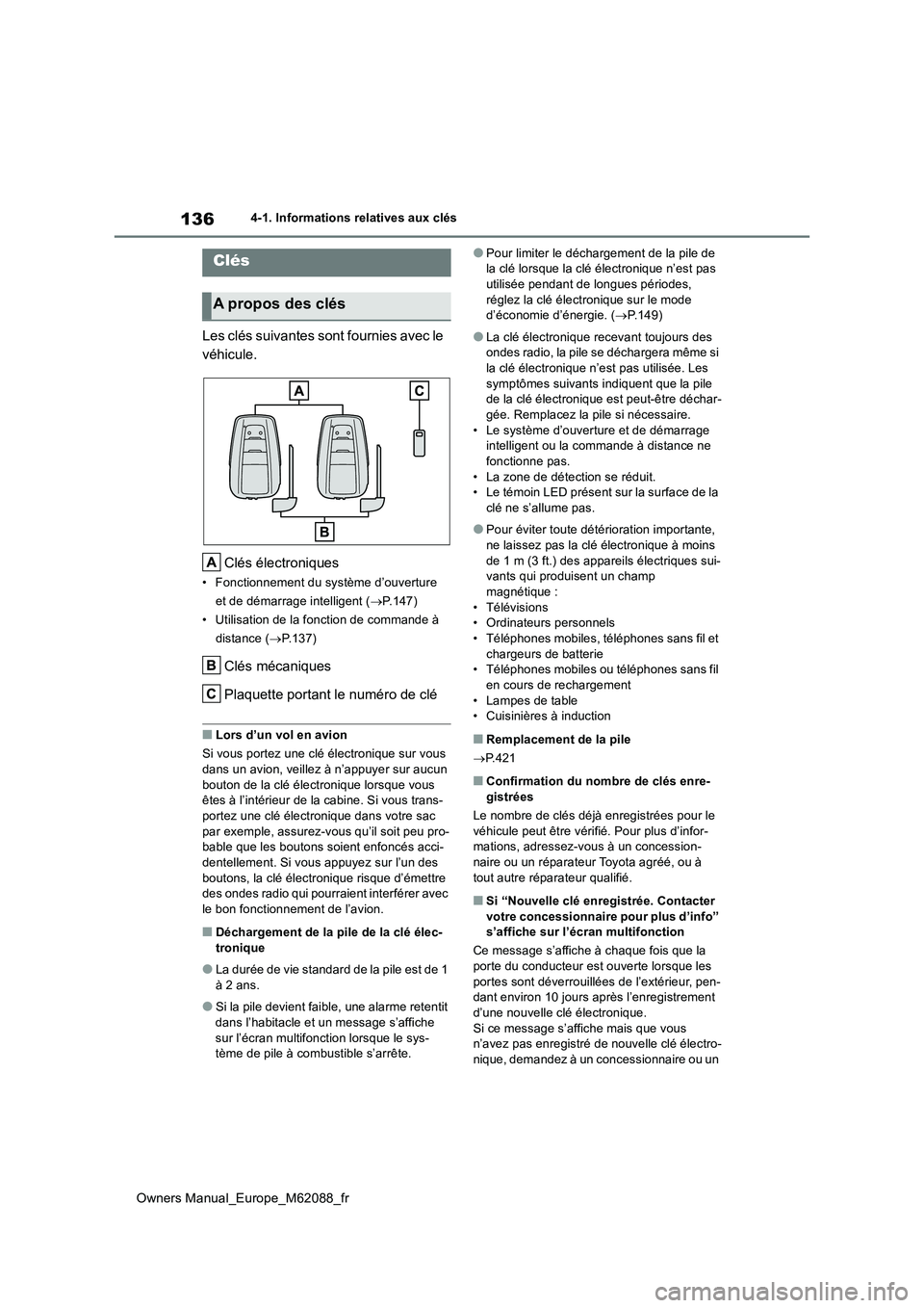 TOYOTA MIRAI 2022  Manuel du propriétaire (in French) 136
Owners Manual_Europe_M62088_fr
4-1. Informations relatives aux clés
4-1.Informations relatives aux clés
Les clés suivantes sont fournies avec le  
véhicule. 
Clés électroniques
• Fonctionn