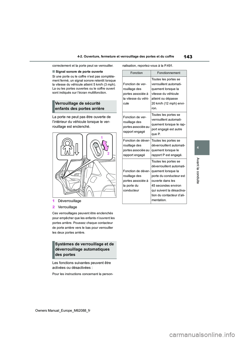 TOYOTA MIRAI 2022  Manuel du propriétaire (in French) 143
4
Owners Manual_Europe_M62088_fr
4-2. Ouverture, fermeture et verrouillage des portes et du coffre
Avant la conduite
correctement et la porte peut se verrouiller.
■Signal sonore de porte ouverte