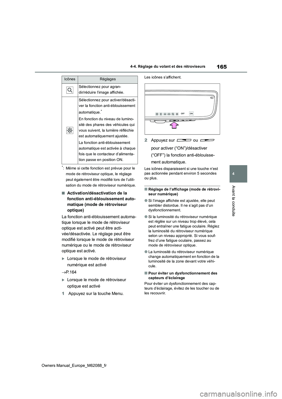 TOYOTA MIRAI 2022  Manuel du propriétaire (in French) 165
4
Owners Manual_Europe_M62088_fr
4-4. Réglage du volant et des rétroviseurs
Avant la conduite
*: Même si cette fonction est prévue pour le  
mode de rétroviseur optique, le réglage 
peut ég