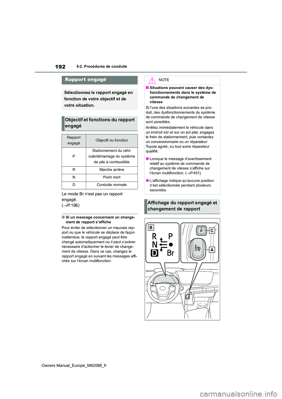 TOYOTA MIRAI 2022 Manuel du propriétaire (in French) 192
Owners Manual_Europe_M62088_fr
5-2. Procédures de conduite
Le mode Br n’est pas un rapport
engagé.
( P.196)
■Si un message concernant un change-
ment de rapport s’affiche
Pour évit TOYOTA MIRAI 2022 Manuel du propriétaire (in French) 192
Owners Manual_Europe_M62088_fr
5-2. Procédures de conduite
Le mode Br n’est pas un rapport
engagé.
( P.196)
■Si un message concernant un change-
ment de rapport s’affiche
Pour évit
