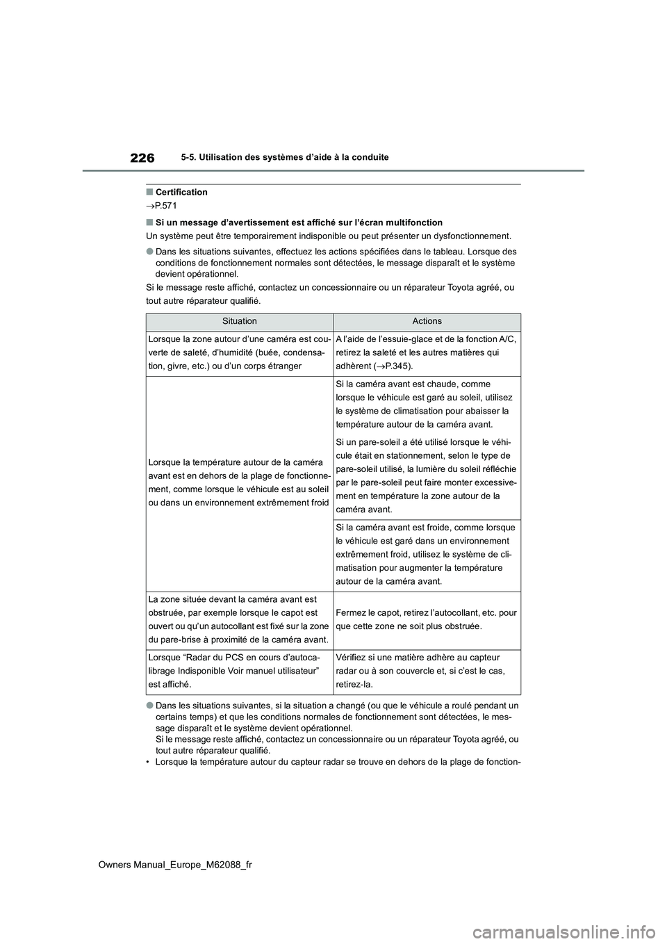 TOYOTA MIRAI 2022 Manuel du propriétaire (in French) 226
Owners Manual_Europe_M62088_fr
5-5. Utilisation des systèmes d’aide à la conduite
■Certification
P.571
■Si un message d’avertissement est affiché sur l’écran multifonction
Un s TOYOTA MIRAI 2022 Manuel du propriétaire (in French) 226
Owners Manual_Europe_M62088_fr
5-5. Utilisation des systèmes d’aide à la conduite
■Certification
P.571
■Si un message d’avertissement est affiché sur l’écran multifonction
Un s