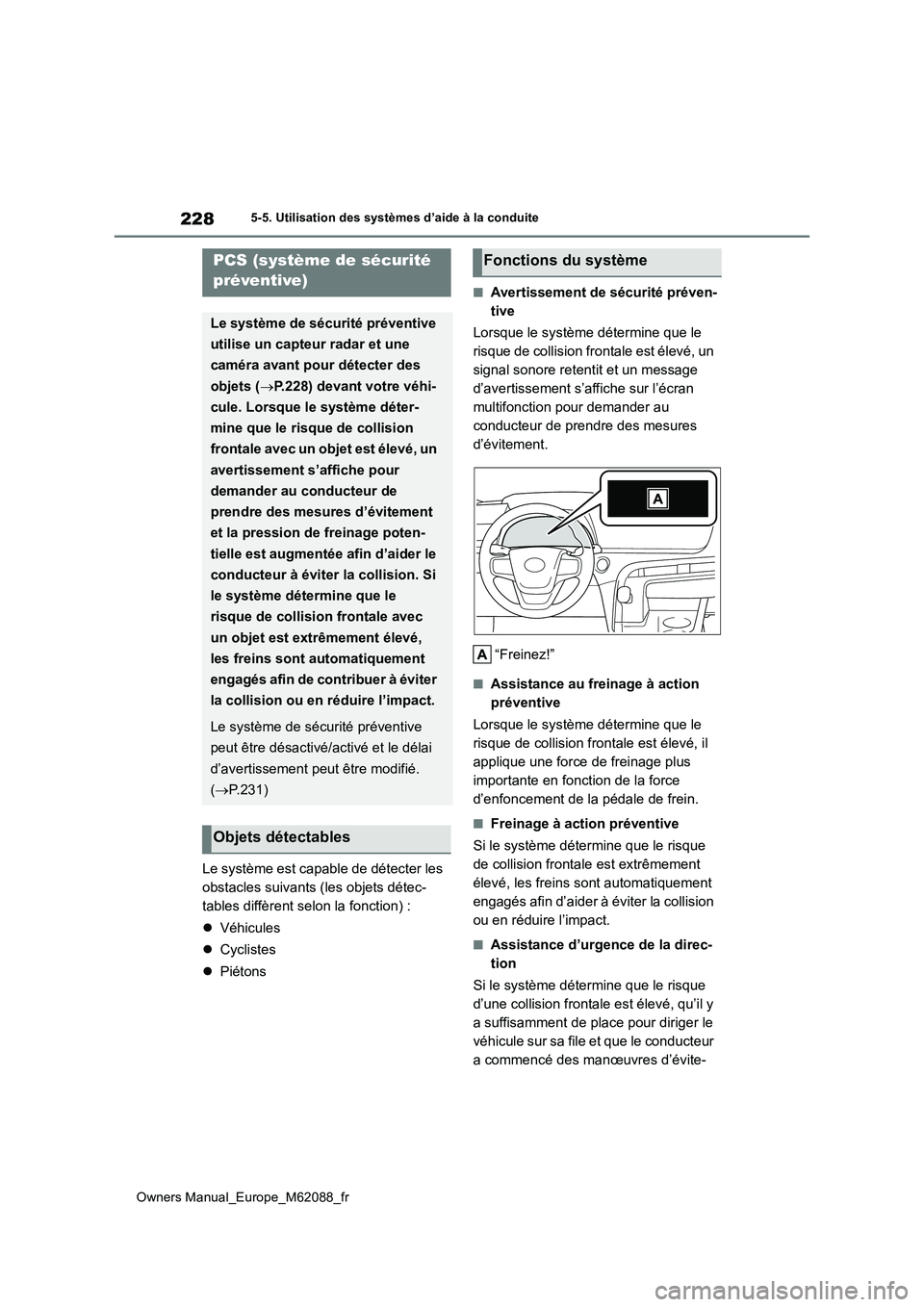 TOYOTA MIRAI 2022 Manuel du propriétaire (in French) 228
Owners Manual_Europe_M62088_fr
5-5. Utilisation des systèmes d’aide à la conduite
Le système est capable de détecter les
obstacles suivants (les objets détec-
tables diffèrent selon la f TOYOTA MIRAI 2022 Manuel du propriétaire (in French) 228
Owners Manual_Europe_M62088_fr
5-5. Utilisation des systèmes d’aide à la conduite
Le système est capable de détecter les
obstacles suivants (les objets détec-
tables diffèrent selon la f