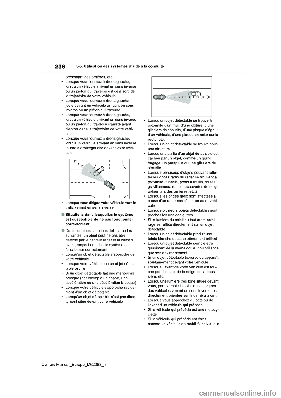 TOYOTA MIRAI 2022 Manuel du propriétaire (in French) 236
Owners Manual_Europe_M62088_fr
5-5. Utilisation des systèmes d’aide à la conduite
présentant des ornières, etc.) • Lorsque vous tournez à droite/gauche, lorsqu’un véhicule arrivant en TOYOTA MIRAI 2022 Manuel du propriétaire (in French) 236
Owners Manual_Europe_M62088_fr
5-5. Utilisation des systèmes d’aide à la conduite
présentant des ornières, etc.) • Lorsque vous tournez à droite/gauche, lorsqu’un véhicule arrivant en