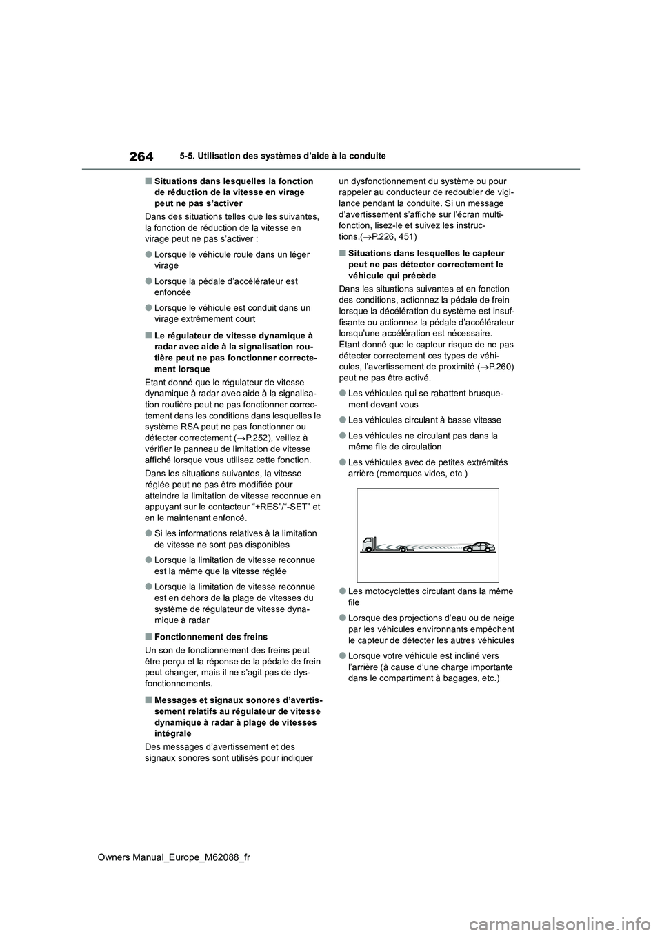 TOYOTA MIRAI 2022 Manuel du propriétaire (in French) 264
Owners Manual_Europe_M62088_fr
5-5. Utilisation des systèmes d’aide à la conduite
■Situations dans lesquelles la fonction de réduction de la vitesse en virage peut ne pas s’activer
Dans TOYOTA MIRAI 2022 Manuel du propriétaire (in French) 264
Owners Manual_Europe_M62088_fr
5-5. Utilisation des systèmes d’aide à la conduite
■Situations dans lesquelles la fonction de réduction de la vitesse en virage peut ne pas s’activer
Dans