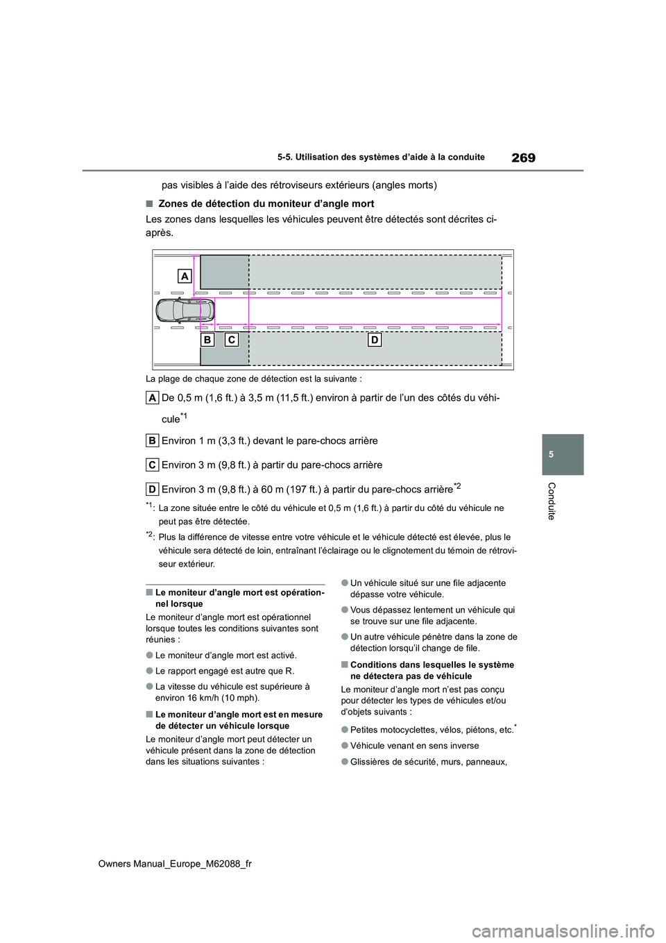 TOYOTA MIRAI 2022 Manuel du propriétaire (in French) 269
5
Owners Manual_Europe_M62088_fr
5-5. Utilisation des systèmes d’aide à la conduite
Conduite
pas visibles à l’aide des rétroviseurs extérieurs (angles morts)
■Zones de détection du mon TOYOTA MIRAI 2022 Manuel du propriétaire (in French) 269
5
Owners Manual_Europe_M62088_fr
5-5. Utilisation des systèmes d’aide à la conduite
Conduite
pas visibles à l’aide des rétroviseurs extérieurs (angles morts)
■Zones de détection du mon