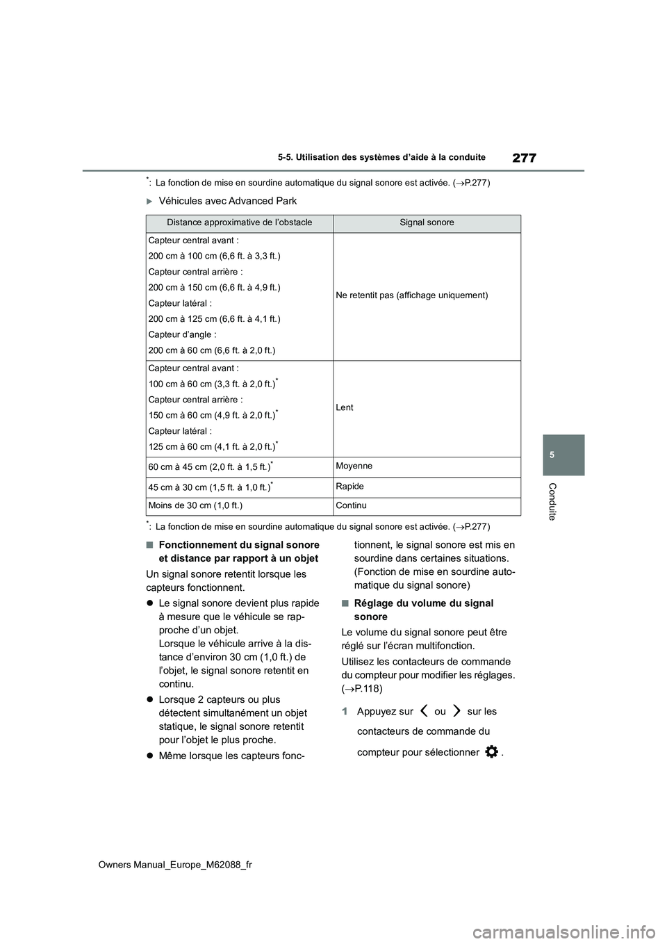 TOYOTA MIRAI 2022 Manuel du propriétaire (in French) 277
5
Owners Manual_Europe_M62088_fr
5-5. Utilisation des systèmes d’aide à la conduite
Conduite
*: La fonction de mise en sourdine automatique du signal sonore est activée. (P.277)
Véhicu TOYOTA MIRAI 2022 Manuel du propriétaire (in French) 277
5
Owners Manual_Europe_M62088_fr
5-5. Utilisation des systèmes d’aide à la conduite
Conduite
*: La fonction de mise en sourdine automatique du signal sonore est activée. (P.277)
Véhicu
