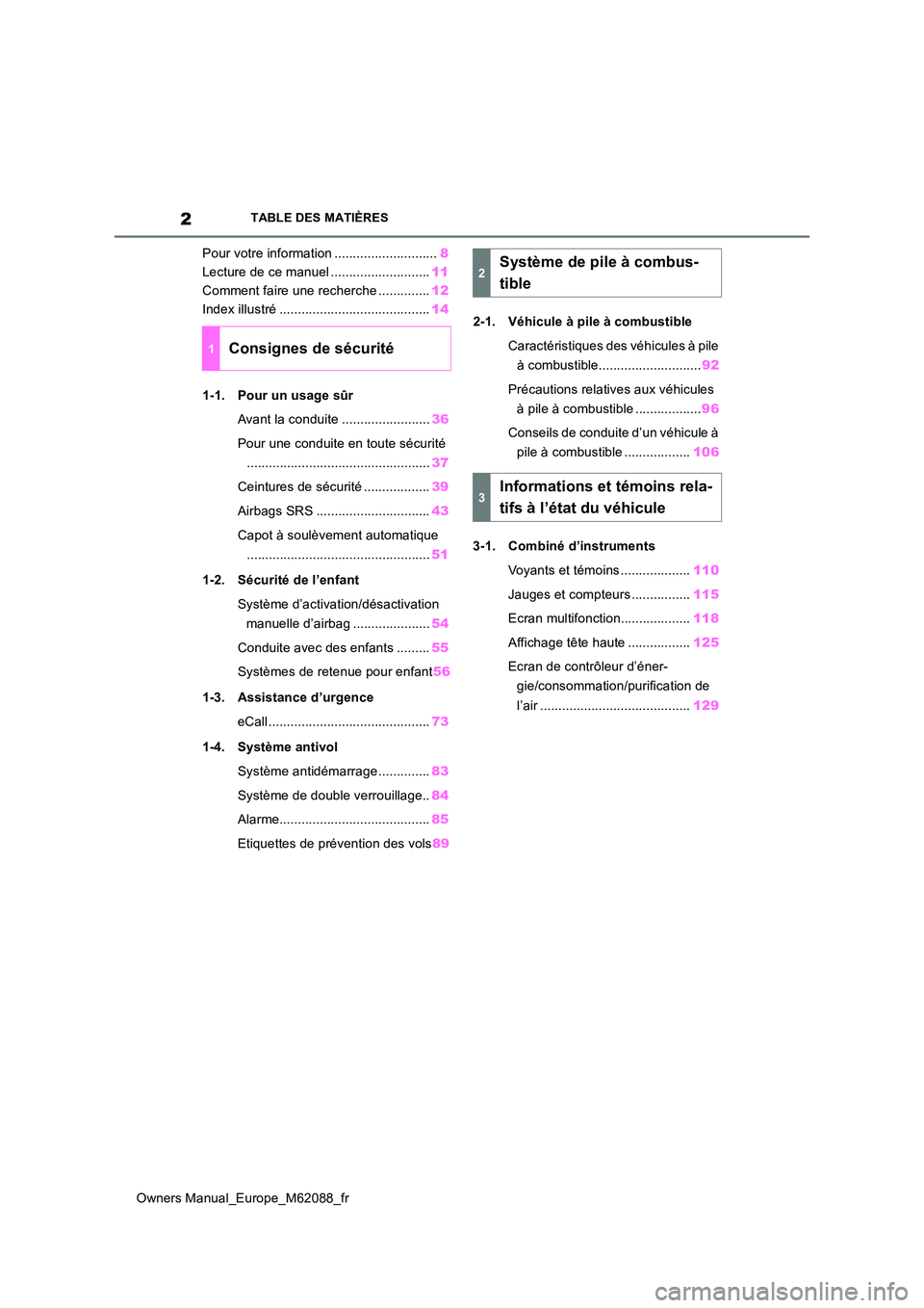 TOYOTA MIRAI 2022 Manuel du propriétaire (in French) 2
Owners Manual_Europe_M62088_fr
TABLE DES MATIÈRES
Pour votre information ............................8
Lecture de ce manuel ........................... 11
Comment faire une recherche ............ TOYOTA MIRAI 2022 Manuel du propriétaire (in French) 2
Owners Manual_Europe_M62088_fr
TABLE DES MATIÈRES
Pour votre information ............................8
Lecture de ce manuel ........................... 11
Comment faire une recherche ............