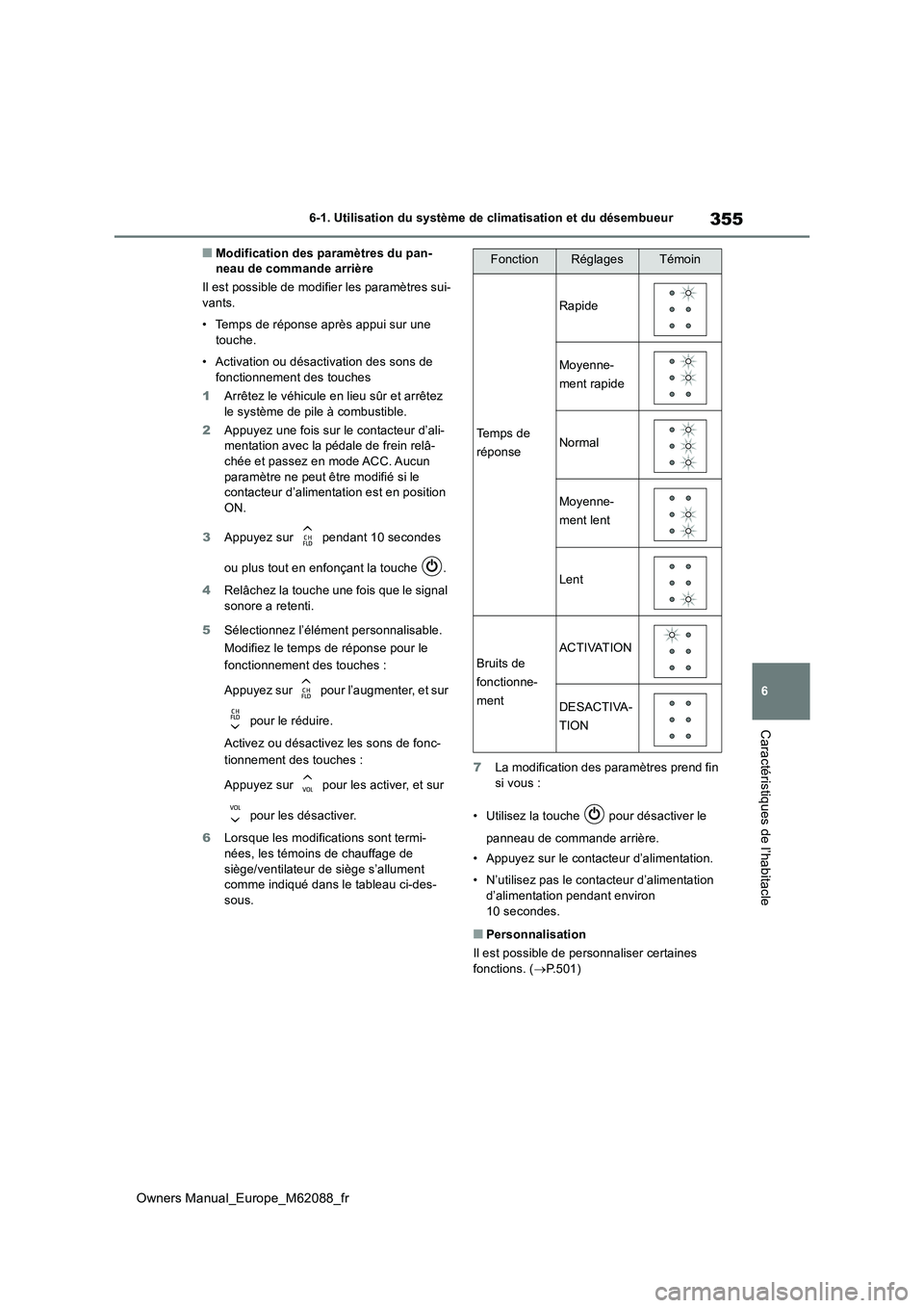 TOYOTA MIRAI 2022 Manuel du propriétaire (in French) 355
6
Owners Manual_Europe_M62088_fr
6-1. Utilisation du système de climatisation et du désembueur
Caractéristiques de l’habitacle
■Modification des paramètres du pan- neau de commande arrièr TOYOTA MIRAI 2022 Manuel du propriétaire (in French) 355
6
Owners Manual_Europe_M62088_fr
6-1. Utilisation du système de climatisation et du désembueur
Caractéristiques de l’habitacle
■Modification des paramètres du pan- neau de commande arrièr