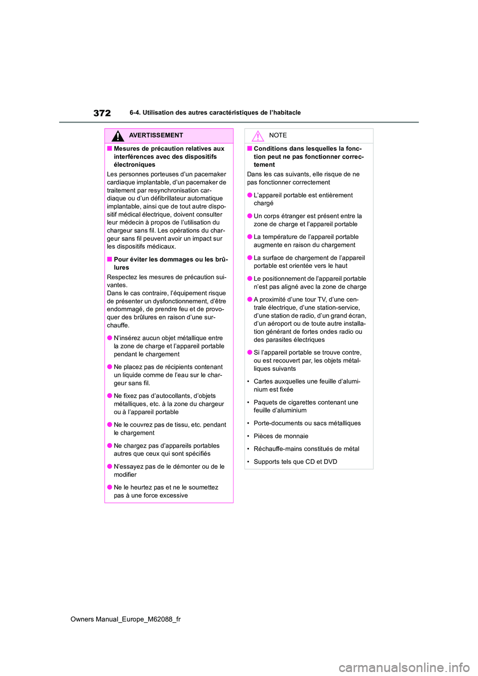 TOYOTA MIRAI 2022 Manuel du propriétaire (in French) 372
Owners Manual_Europe_M62088_fr
6-4. Utilisation des autres caractéristiques de l’habitacle
AVERTISSEMENT
■Mesures de précaution relatives aux
interférences avec des dispositifs électron TOYOTA MIRAI 2022 Manuel du propriétaire (in French) 372
Owners Manual_Europe_M62088_fr
6-4. Utilisation des autres caractéristiques de l’habitacle
AVERTISSEMENT
■Mesures de précaution relatives aux
interférences avec des dispositifs électron