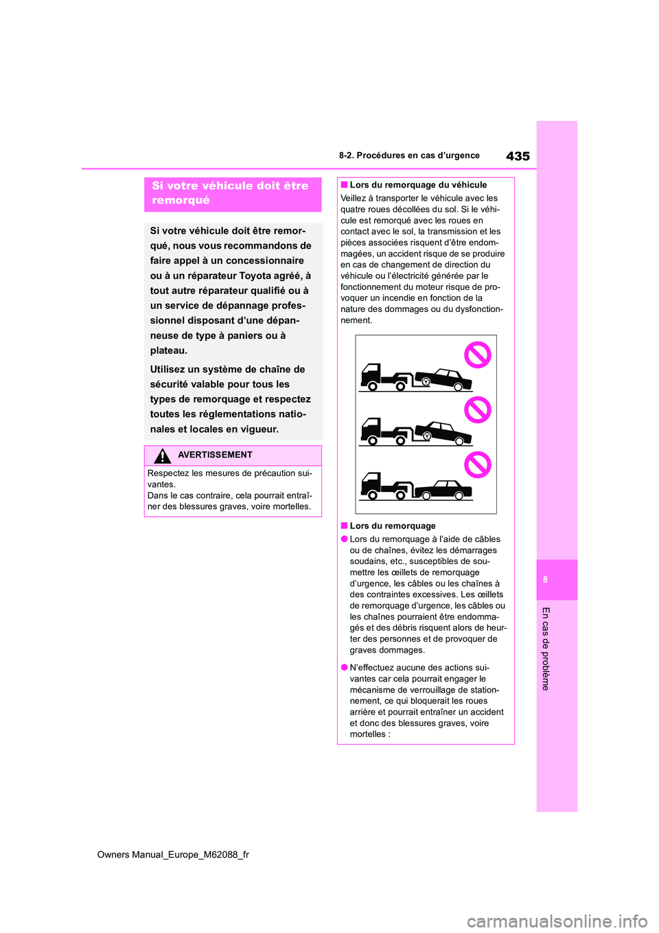 TOYOTA MIRAI 2022  Manuel du propriétaire (in French) 435
8
Owners Manual_Europe_M62088_fr
8-2. Procédures en cas d’urgence
En cas de problème
8-2.Pro cédures en  ca s d’u rgen ceSi votre véhicule doit être  
remorqué
Si votre véhicule doit ê