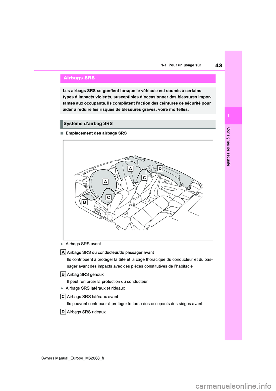 TOYOTA MIRAI 2022  Manuel du propriétaire (in French) 43
1
Owners Manual_Europe_M62088_fr
1-1. Pour un usage sûr
Consignes de sécurité
■Emplacement des airbags SRS
Airbags SRS avant 
Airbags SRS du conducteur/du passager avant 
Ils contribuent à