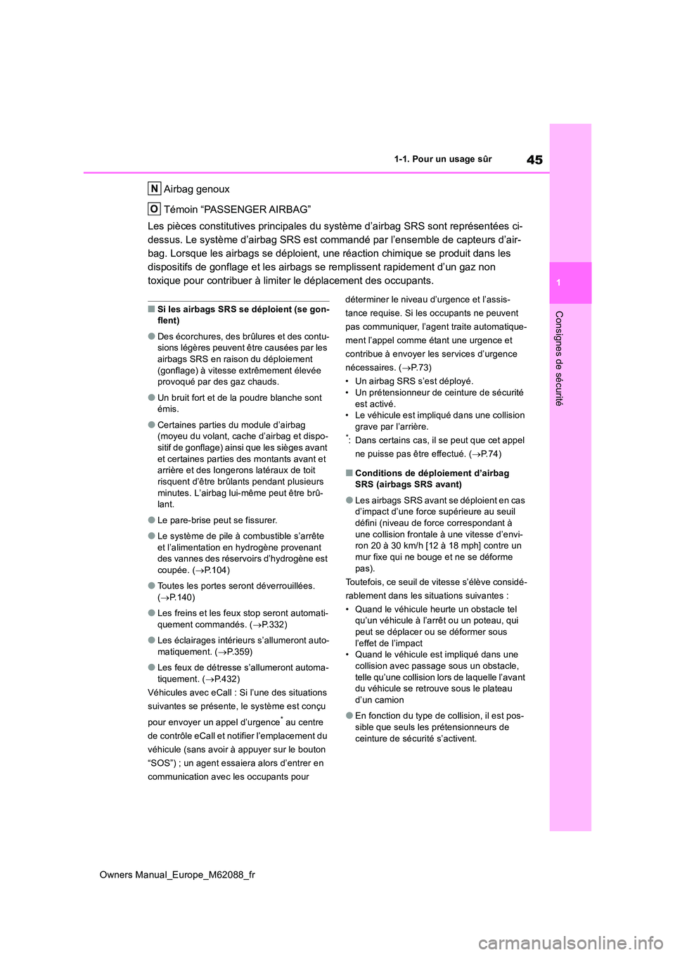 TOYOTA MIRAI 2022  Manuel du propriétaire (in French) 45
1
Owners Manual_Europe_M62088_fr
1-1. Pour un usage sûr
Consignes de sécurité
Airbag genoux 
Témoin “PASSENGER AIRBAG” 
Les pièces constitutives principales du système d’airbag SRS son 