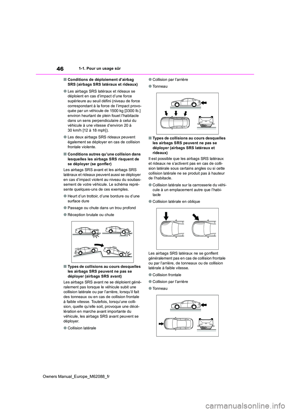 TOYOTA MIRAI 2022  Manuel du propriétaire (in French) 46
Owners Manual_Europe_M62088_fr
1-1. Pour un usage sûr
■Conditions de déploiement d’airbag  SRS (airbags SRS latéraux et rideaux)
●Les airbags SRS latéraux et rideaux se déploient en cas 