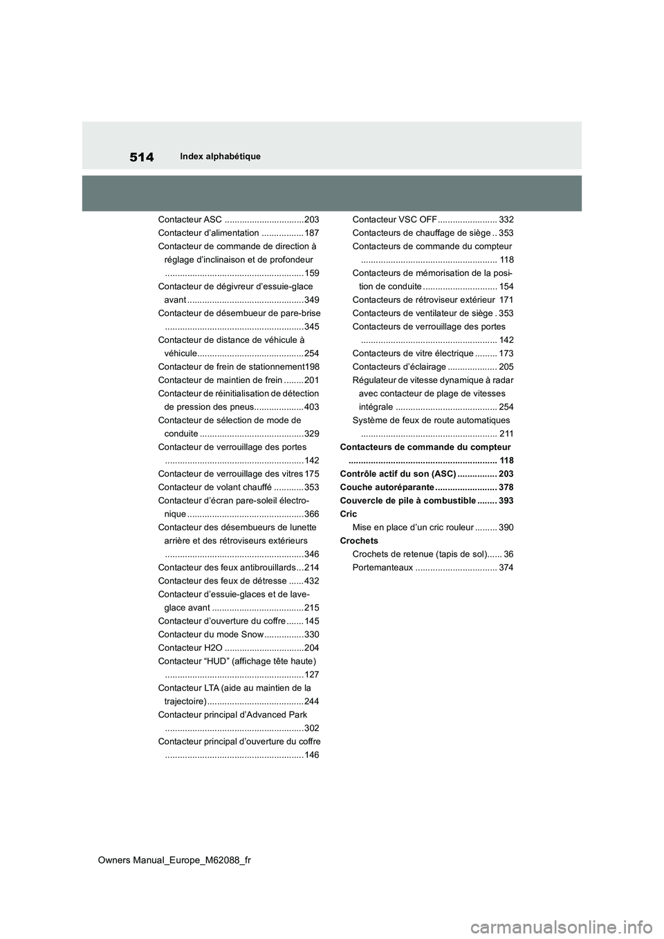 TOYOTA MIRAI 2022  Manuel du propriétaire (in French) 514
Owners Manual_Europe_M62088_fr
Index alphabétique 
Contacteur ASC ................................203 
Contacteur d’alimentation ................. 187
Contacteur de commande de direction à 
r