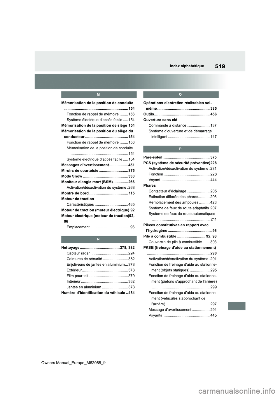 TOYOTA MIRAI 2022  Manuel du propriétaire (in French) 519
Owners Manual_Europe_M62088_fr
Index alphabétique
M
Mémorisation de la position de conduite 
............................................................. 15 4 
Fonction de rappel de mémoire ..
