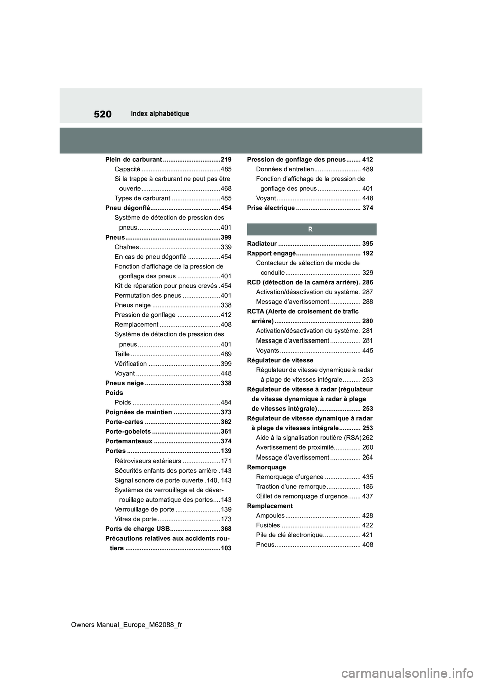 TOYOTA MIRAI 2022  Manuel du propriétaire (in French) 520
Owners Manual_Europe_M62088_fr
Index alphabétique 
Plein de carburant ................................219 
Capacité ............................................ 485
Si la trappe à carburant ne 