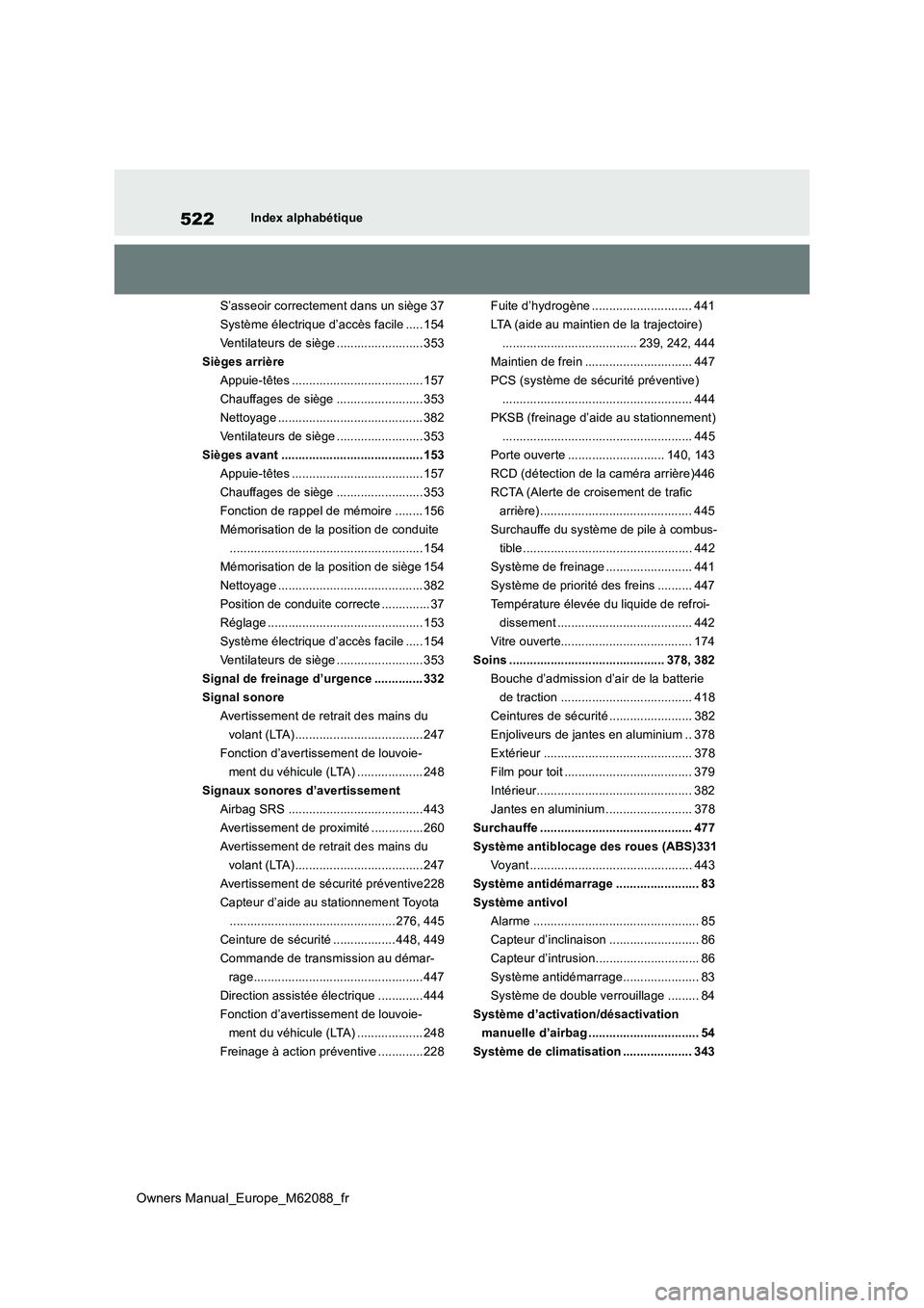TOYOTA MIRAI 2022  Manuel du propriétaire (in French) 522
Owners Manual_Europe_M62088_fr
Index alphabétique 
S’asseoir correctement dans un siège 37 
Système électrique d’accès facile ..... 154
Ventilateurs de siège ......................... 35