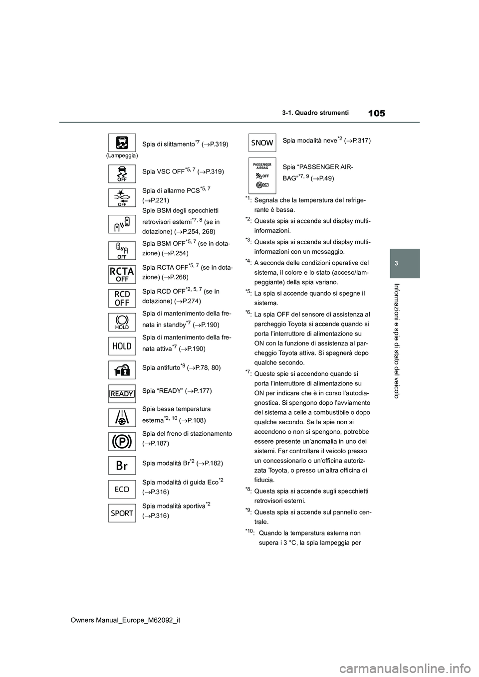 TOYOTA MIRAI 2022 Manuale duso (in Italian) 105
3
Owners Manual_Europe_M62092_it
3-1. Quadro strumenti
Informazioni e spie di stato del veicolo
*1: Segnala che la temperatura del refrige-
rante è bassa.
*2: Questa spia si accende sul display TOYOTA MIRAI 2022 Manuale duso (in Italian) 105
3
Owners Manual_Europe_M62092_it
3-1. Quadro strumenti
Informazioni e spie di stato del veicolo
*1: Segnala che la temperatura del refrige-
rante è bassa.
*2: Questa spia si accende sul display