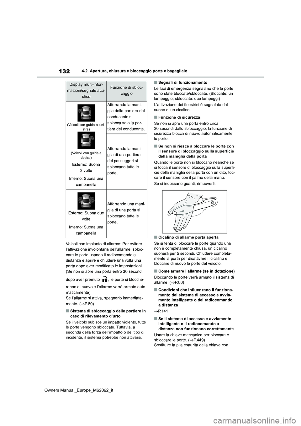 TOYOTA MIRAI 2022 Manuale duso (in Italian) 132
Owners Manual_Europe_M62092_it
4-2. Apertura, chiusura e bloccaggio porte e bagagliaio
Veicoli con impianto di allarme: Per evitare
l’attivazione involontaria dell’allarme, sbloc-
care le p TOYOTA MIRAI 2022 Manuale duso (in Italian) 132
Owners Manual_Europe_M62092_it
4-2. Apertura, chiusura e bloccaggio porte e bagagliaio
Veicoli con impianto di allarme: Per evitare
l’attivazione involontaria dell’allarme, sbloc-
care le p