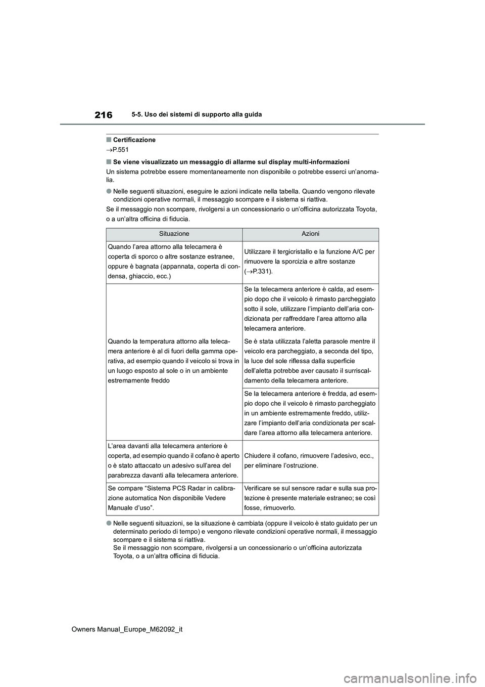 TOYOTA MIRAI 2022 Manuale duso (in Italian) 216
Owners Manual_Europe_M62092_it
5-5. Uso dei sistemi di supporto alla guida
■Certificazione
P.551
■Se viene visualizzato un messaggio di allarme sul display multi-informazioni
Un sistema TOYOTA MIRAI 2022 Manuale duso (in Italian) 216
Owners Manual_Europe_M62092_it
5-5. Uso dei sistemi di supporto alla guida
■Certificazione
P.551
■Se viene visualizzato un messaggio di allarme sul display multi-informazioni
Un sistema