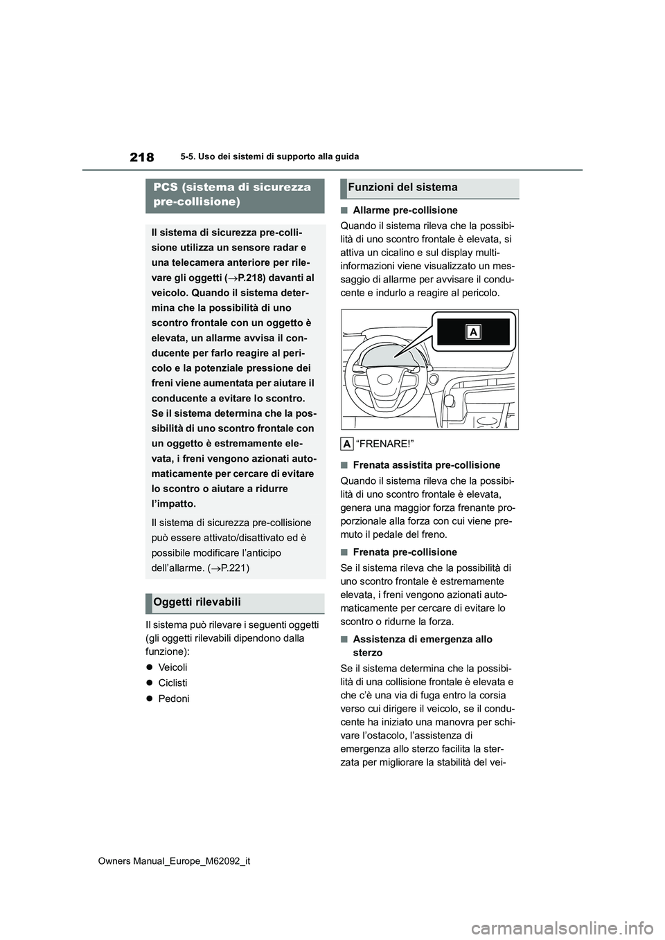 TOYOTA MIRAI 2022 Manuale duso (in Italian) 218
Owners Manual_Europe_M62092_it
5-5. Uso dei sistemi di supporto alla guida
Il sistema può rilevare i seguenti oggetti
(gli oggetti rilevabili dipendono dalla
funzione):
Ve i c o l i
TOYOTA MIRAI 2022 Manuale duso (in Italian) 218
Owners Manual_Europe_M62092_it
5-5. Uso dei sistemi di supporto alla guida
Il sistema può rilevare i seguenti oggetti
(gli oggetti rilevabili dipendono dalla
funzione):
Ve i c o l i
