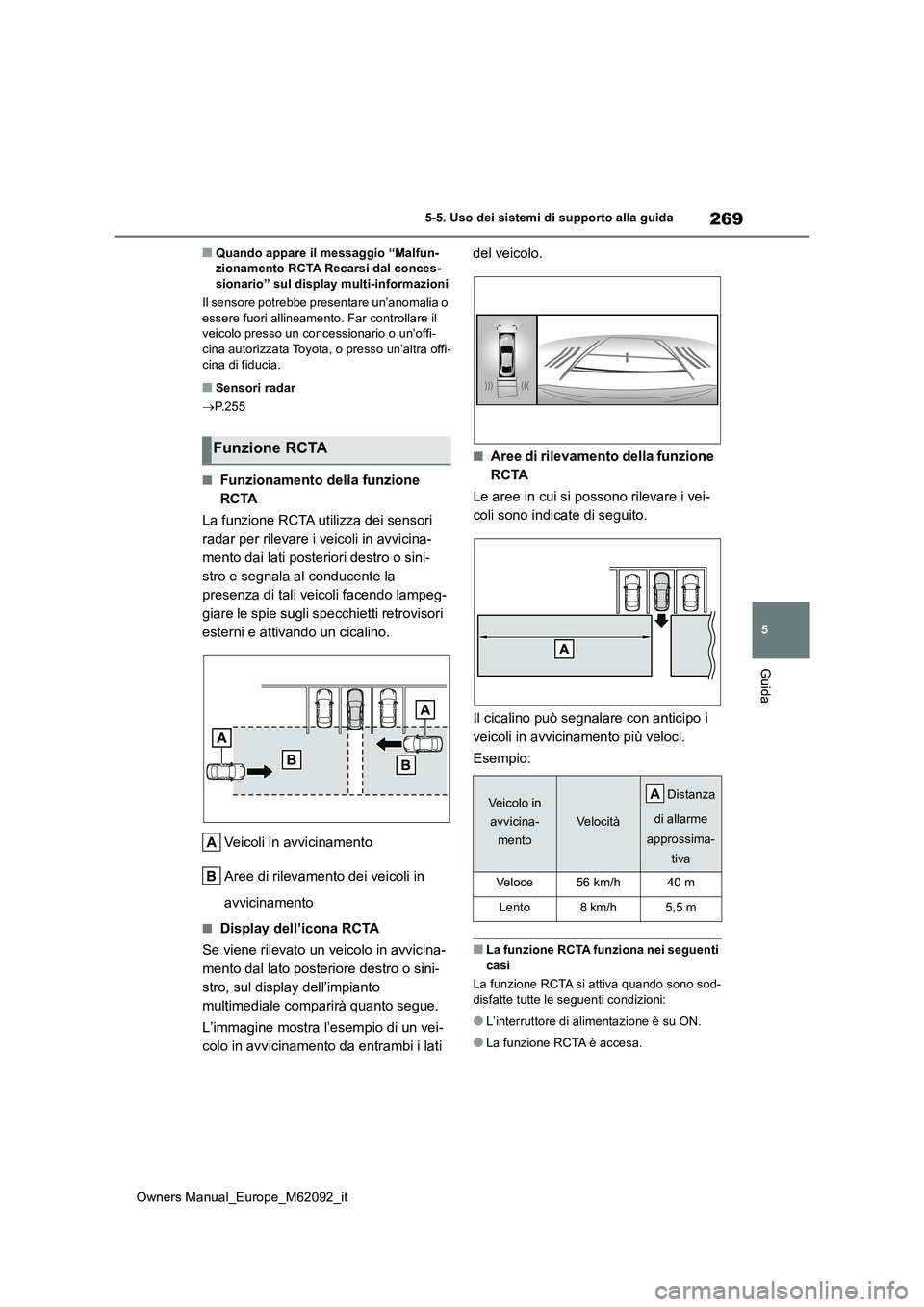 TOYOTA MIRAI 2022 Manuale duso (in Italian) 269
5
Owners Manual_Europe_M62092_it
5-5. Uso dei sistemi di supporto alla guida
Guida
■Quando appare il messaggio “Malfun- zionamento RCTA Recarsi dal conces-sionario” sul display multi-informa TOYOTA MIRAI 2022 Manuale duso (in Italian) 269
5
Owners Manual_Europe_M62092_it
5-5. Uso dei sistemi di supporto alla guida
Guida
■Quando appare il messaggio “Malfun- zionamento RCTA Recarsi dal conces-sionario” sul display multi-informa