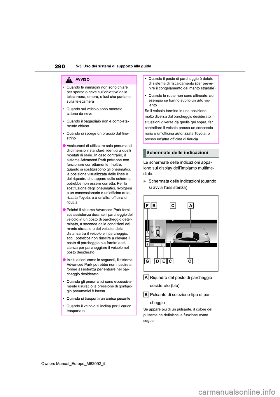 TOYOTA MIRAI 2022 Manuale duso (in Italian) 290
Owners Manual_Europe_M62092_it
5-5. Uso dei sistemi di supporto alla guida
Le schermate delle indicazioni appa-
iono sul display dell’impianto multime-
diale.
Schermata delle indicazioni (qu TOYOTA MIRAI 2022 Manuale duso (in Italian) 290
Owners Manual_Europe_M62092_it
5-5. Uso dei sistemi di supporto alla guida
Le schermate delle indicazioni appa-
iono sul display dell’impianto multime-
diale.
Schermata delle indicazioni (qu