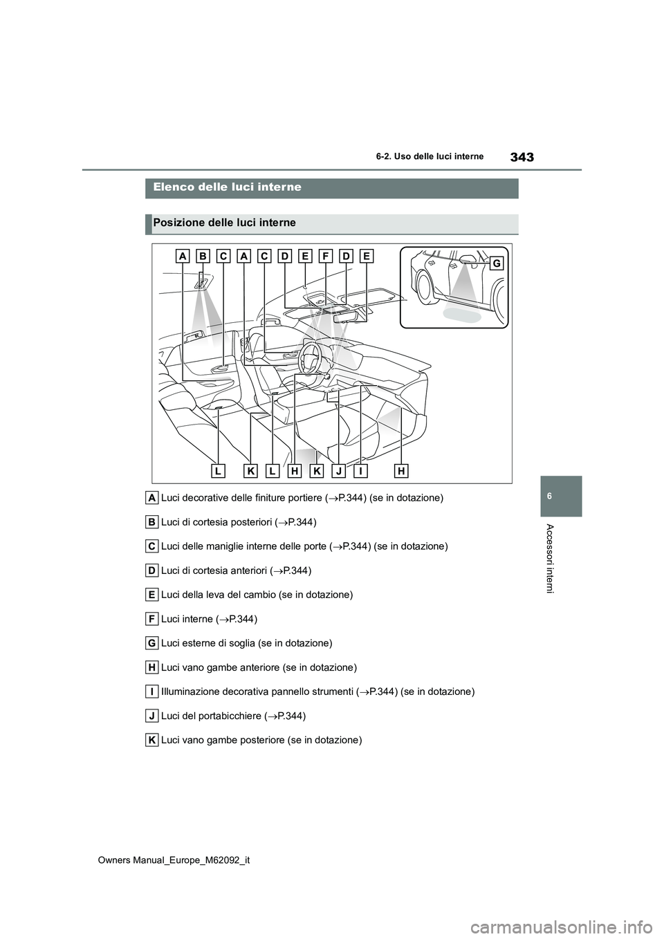 TOYOTA MIRAI 2022 Manuale duso (in Italian) 343
6
Owners Manual_Europe_M62092_it
6-2. Uso delle luci interne
Accessori interni
6-2.Uso delle luc i in terne
Luci decorative delle finiture portiere (P.344) (se in dotazione)
Luci di cortesia p TOYOTA MIRAI 2022 Manuale duso (in Italian) 343
6
Owners Manual_Europe_M62092_it
6-2. Uso delle luci interne
Accessori interni
6-2.Uso delle luc i in terne
Luci decorative delle finiture portiere (P.344) (se in dotazione)
Luci di cortesia p