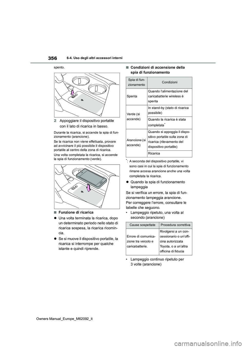 TOYOTA MIRAI 2022 Manuale duso (in Italian) 356
Owners Manual_Europe_M62092_it
6-4. Uso degli altri accessori interni
spento.
2 Appoggiare il dispositivo portatile
con il lato di ricarica in basso.
Durante la ricarica, si accende la spia di TOYOTA MIRAI 2022 Manuale duso (in Italian) 356
Owners Manual_Europe_M62092_it
6-4. Uso degli altri accessori interni
spento.
2 Appoggiare il dispositivo portatile
con il lato di ricarica in basso.
Durante la ricarica, si accende la spia di
