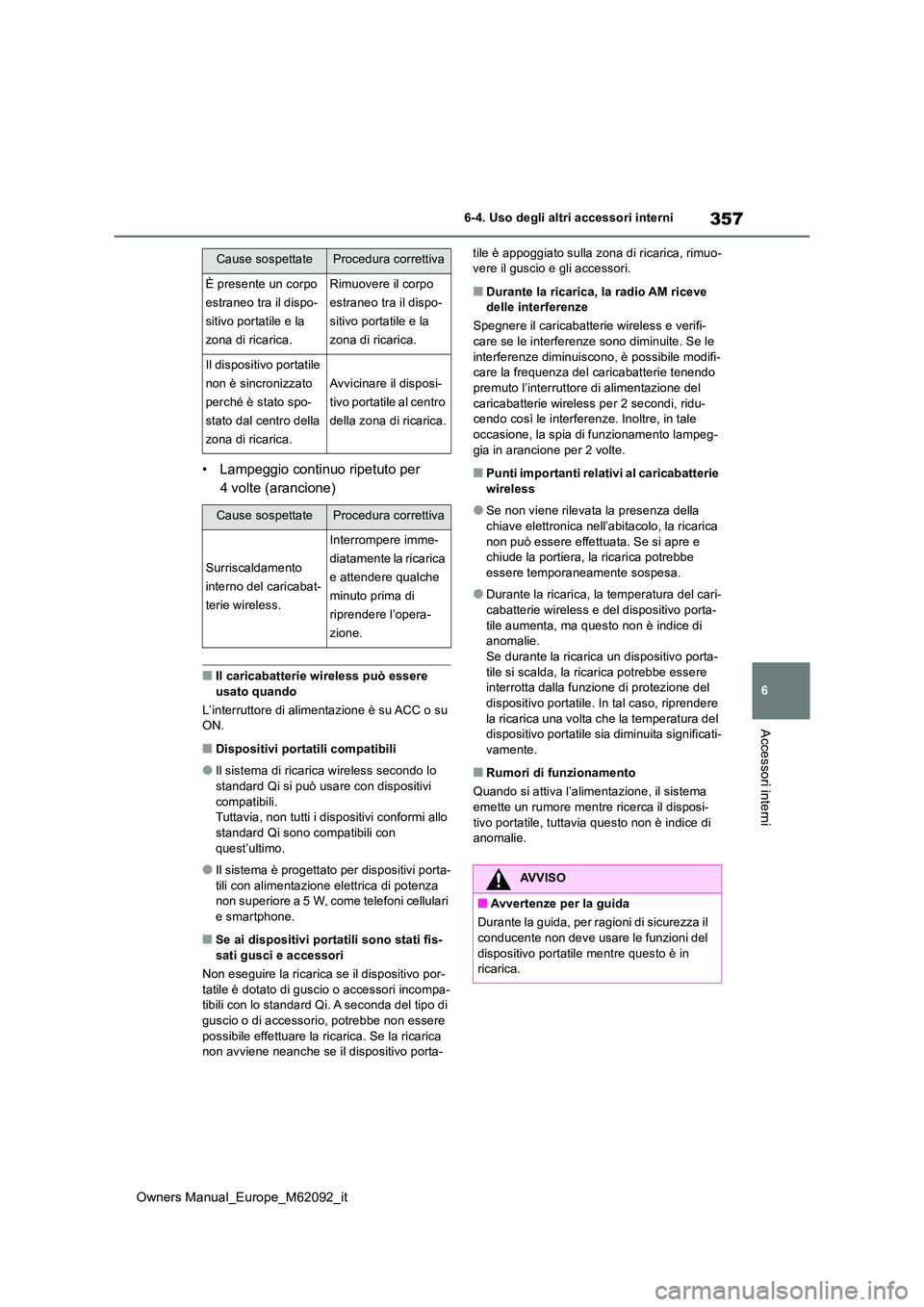 TOYOTA MIRAI 2022 Manuale duso (in Italian) 357
6
Owners Manual_Europe_M62092_it
6-4. Uso degli altri accessori interni
Accessori interni
• Lampeggio continuo ripetuto per
4 volte (arancione)
■Il caricabatterie wireless può essere usato TOYOTA MIRAI 2022 Manuale duso (in Italian) 357
6
Owners Manual_Europe_M62092_it
6-4. Uso degli altri accessori interni
Accessori interni
• Lampeggio continuo ripetuto per
4 volte (arancione)
■Il caricabatterie wireless può essere usato