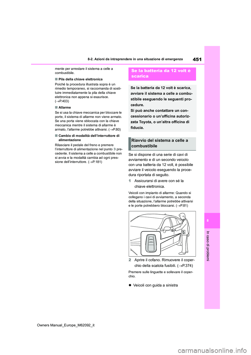 TOYOTA MIRAI 2022 Manuale duso (in Italian) 451
8
Owners Manual_Europe_M62092_it
8-2. Azioni da intraprendere in una situazione di emergenza
In caso di problemi
mente per arrestare il sistema a celle a combustibile.
■Pila della chiave elettr TOYOTA MIRAI 2022 Manuale duso (in Italian) 451
8
Owners Manual_Europe_M62092_it
8-2. Azioni da intraprendere in una situazione di emergenza
In caso di problemi
mente per arrestare il sistema a celle a combustibile.
■Pila della chiave elettr
