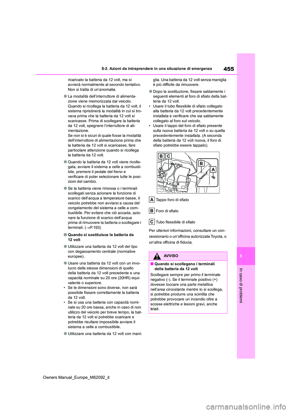 TOYOTA MIRAI 2022 Manuale duso (in Italian) 455
8
Owners Manual_Europe_M62092_it
8-2. Azioni da intraprendere in una situazione di emergenza
In caso di problemi
ricaricato la batteria da 12 volt, ma si avvierà normalmente al secondo tentativo TOYOTA MIRAI 2022 Manuale duso (in Italian) 455
8
Owners Manual_Europe_M62092_it
8-2. Azioni da intraprendere in una situazione di emergenza
In caso di problemi
ricaricato la batteria da 12 volt, ma si avvierà normalmente al secondo tentativo