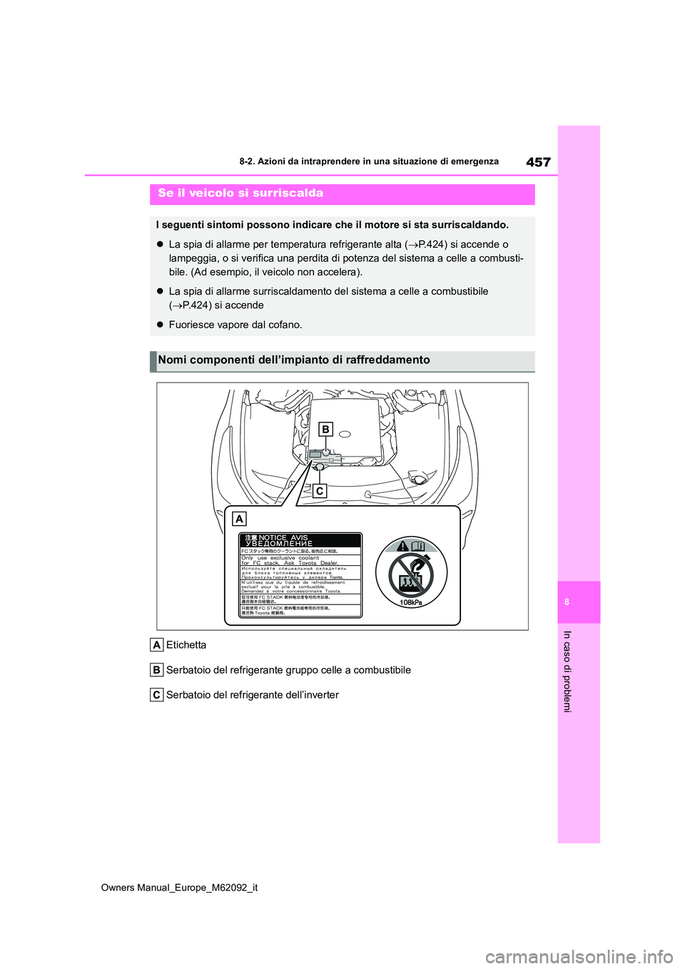 TOYOTA MIRAI 2022 Manuale duso (in Italian) 457
8
Owners Manual_Europe_M62092_it
8-2. Azioni da intraprendere in una situazione di emergenza
In caso di problemi
Etichetta
Serbatoio del refrigerante gruppo celle a combustibile
Serbatoio del ref TOYOTA MIRAI 2022 Manuale duso (in Italian) 457
8
Owners Manual_Europe_M62092_it
8-2. Azioni da intraprendere in una situazione di emergenza
In caso di problemi
Etichetta
Serbatoio del refrigerante gruppo celle a combustibile
Serbatoio del ref