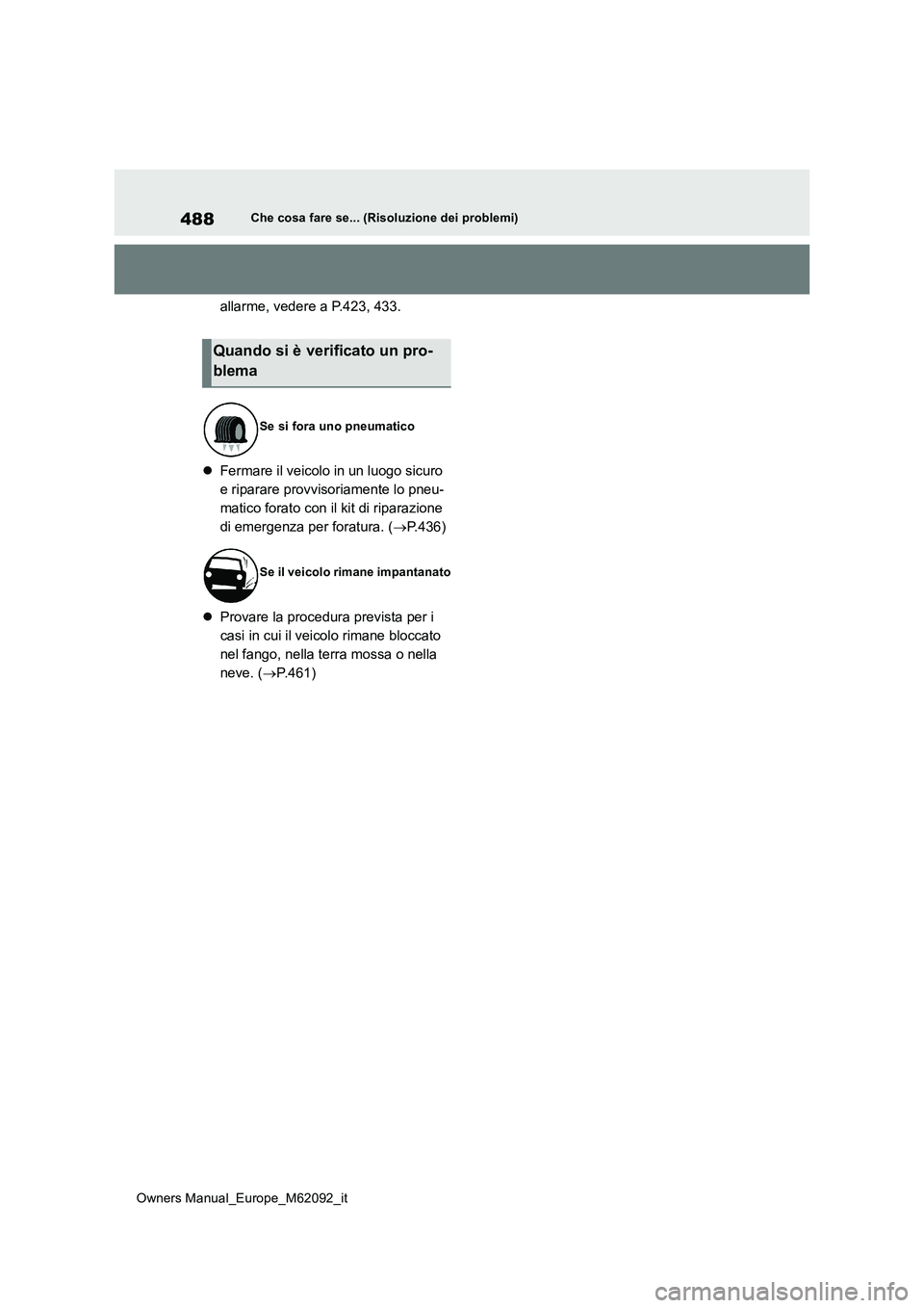 TOYOTA MIRAI 2022 Manuale duso (in Italian) 488
Owners Manual_Europe_M62092_it
Che cosa fare se... (Risoluzione dei problemi)
allarme, vedere a P.423, 433.
Fermare il veicolo in un luogo sicuro
e riparare provvisoriamente lo pneu-
matico TOYOTA MIRAI 2022 Manuale duso (in Italian) 488
Owners Manual_Europe_M62092_it
Che cosa fare se... (Risoluzione dei problemi)
allarme, vedere a P.423, 433.
Fermare il veicolo in un luogo sicuro
e riparare provvisoriamente lo pneu-
matico