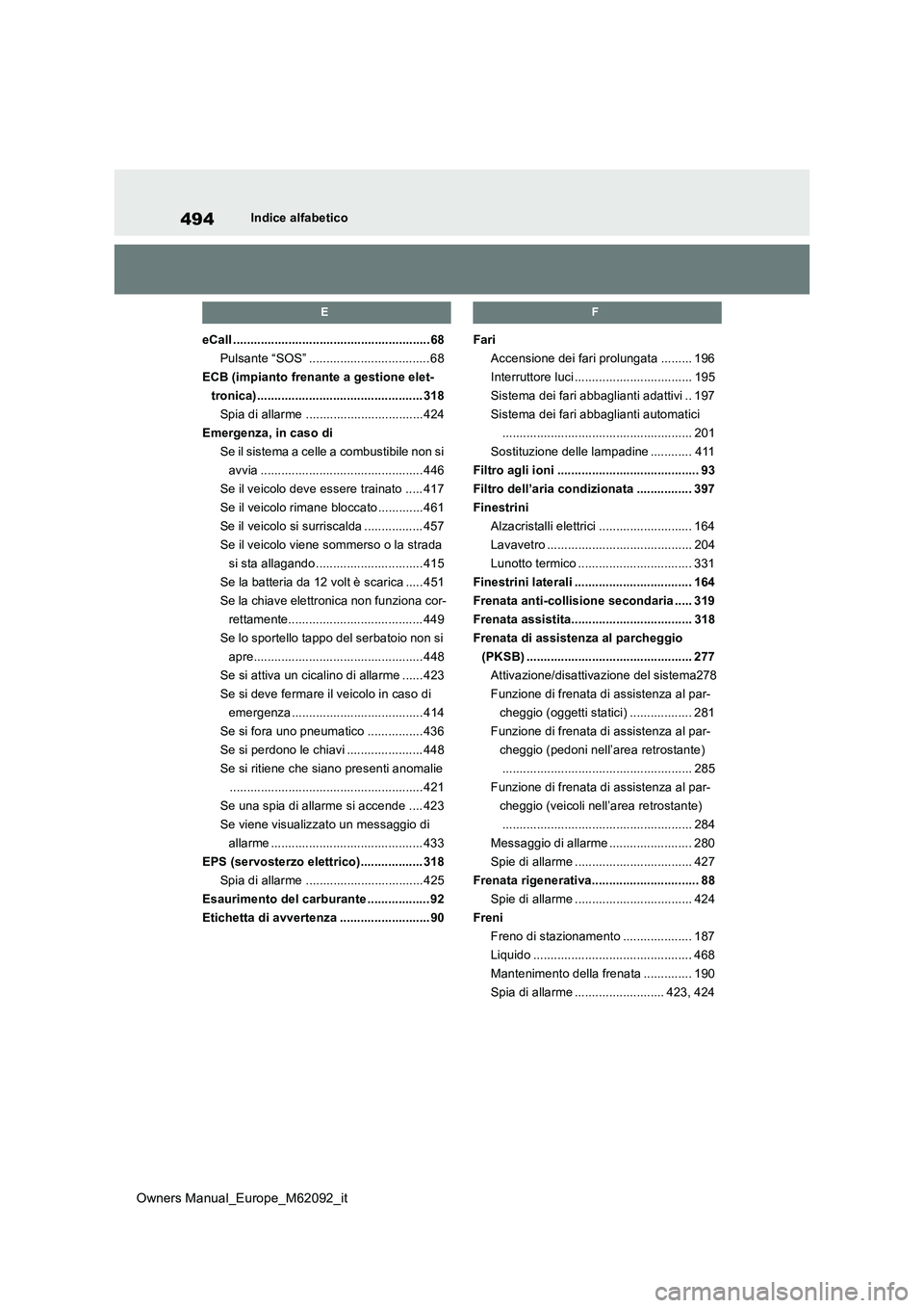 TOYOTA MIRAI 2022 Manuale duso (in Italian) 494
Owners Manual_Europe_M62092_it
Indice alfabetico
E
eCall .........................................................68
Pulsante “SOS” ................................... 68
ECB (impianto frenan TOYOTA MIRAI 2022 Manuale duso (in Italian) 494
Owners Manual_Europe_M62092_it
Indice alfabetico
E
eCall .........................................................68
Pulsante “SOS” ................................... 68
ECB (impianto frenan