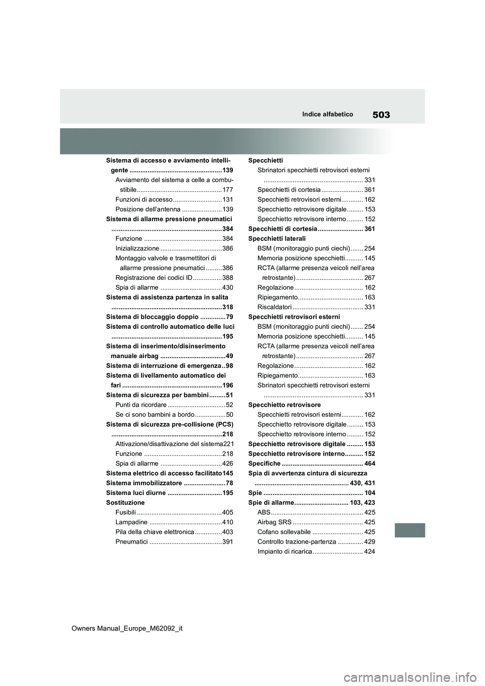 TOYOTA MIRAI 2022 Manuale duso (in Italian) 503
Owners Manual_Europe_M62092_it
Indice alfabetico
Sistema di accesso e avviamento intelli-
gente ................................................... 139
Avviamento del sistema a celle a combu-
sti TOYOTA MIRAI 2022 Manuale duso (in Italian) 503
Owners Manual_Europe_M62092_it
Indice alfabetico
Sistema di accesso e avviamento intelli-
gente ................................................... 139
Avviamento del sistema a celle a combu-
sti
