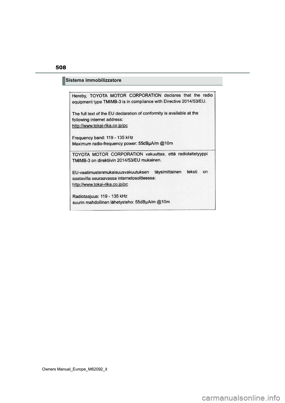 TOYOTA MIRAI 2022 Manuale duso (in Italian) 508
Owners Manual_Europe_M62092_it
Sistema immobilizzatore TOYOTA MIRAI 2022 Manuale duso (in Italian) 508
Owners Manual_Europe_M62092_it
Sistema immobilizzatore