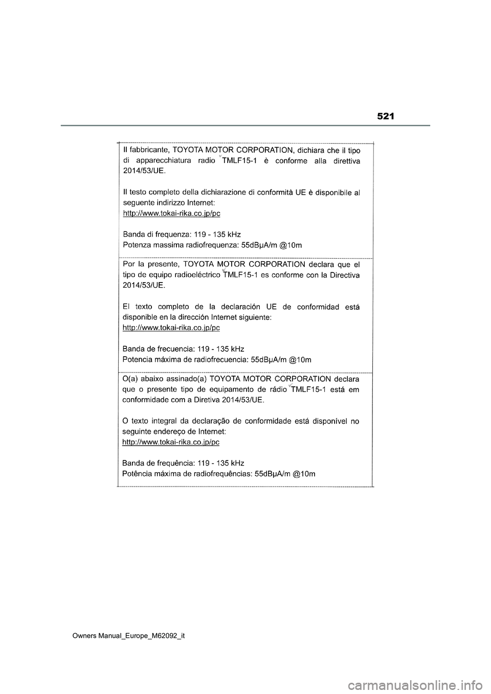 TOYOTA MIRAI 2022 Manuale duso (in Italian) 521
Owners Manual_Europe_M62092_it TOYOTA MIRAI 2022 Manuale duso (in Italian) 521
Owners Manual_Europe_M62092_it