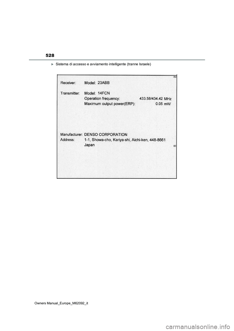 TOYOTA MIRAI 2022 Manuale duso (in Italian) 528
Owners Manual_Europe_M62092_it
Sistema di accesso e avviamento intelligente (tranne Israele) TOYOTA MIRAI 2022 Manuale duso (in Italian) 528
Owners Manual_Europe_M62092_it
Sistema di accesso e avviamento intelligente (tranne Israele)